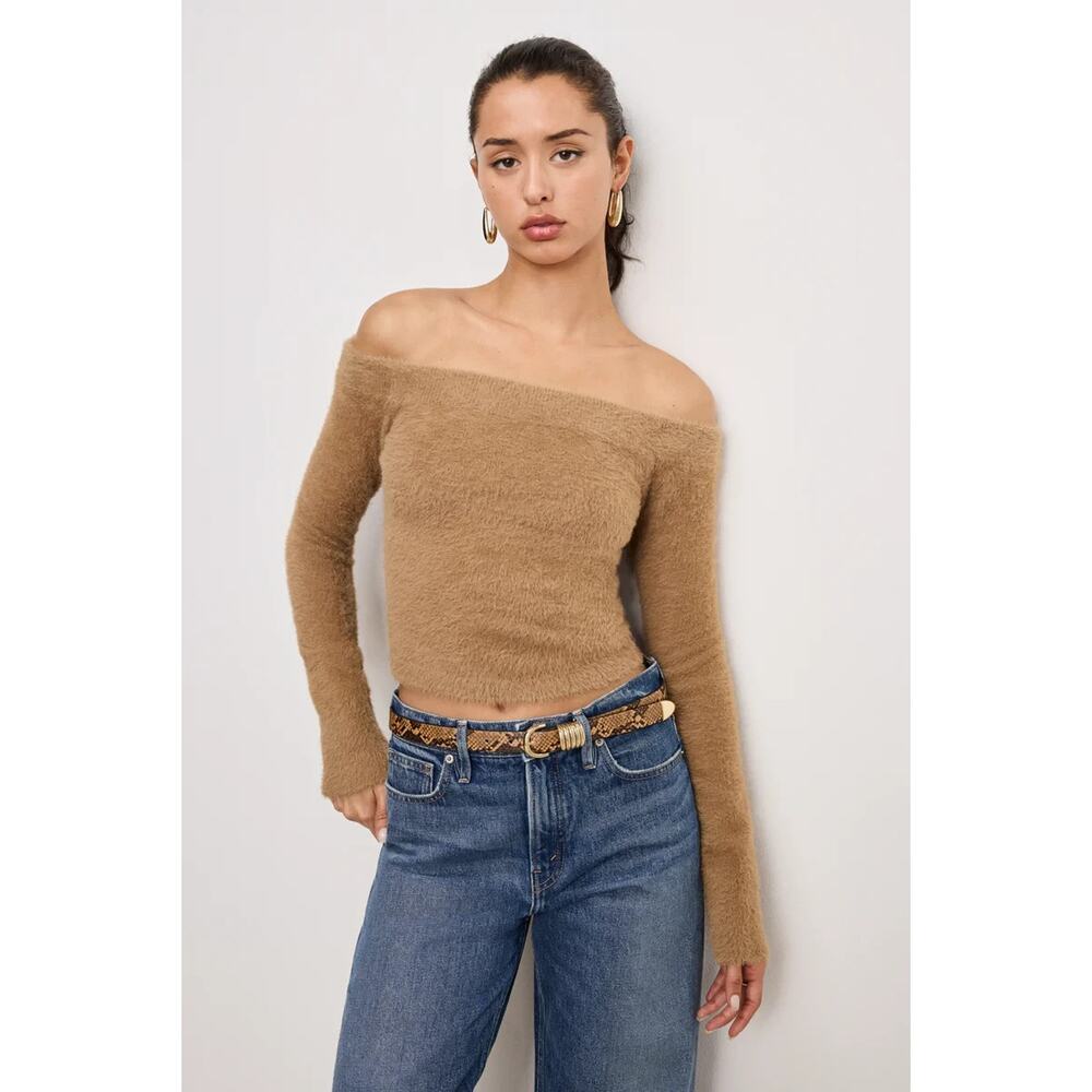 New Good American Sweater Large Brown Plush Off Shoulder Textured Top